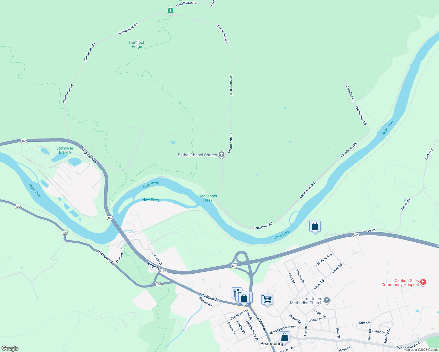 map of restaurants, bars, coffee shops, grocery stores, and more near 1446 Clendennin Road in Narrows