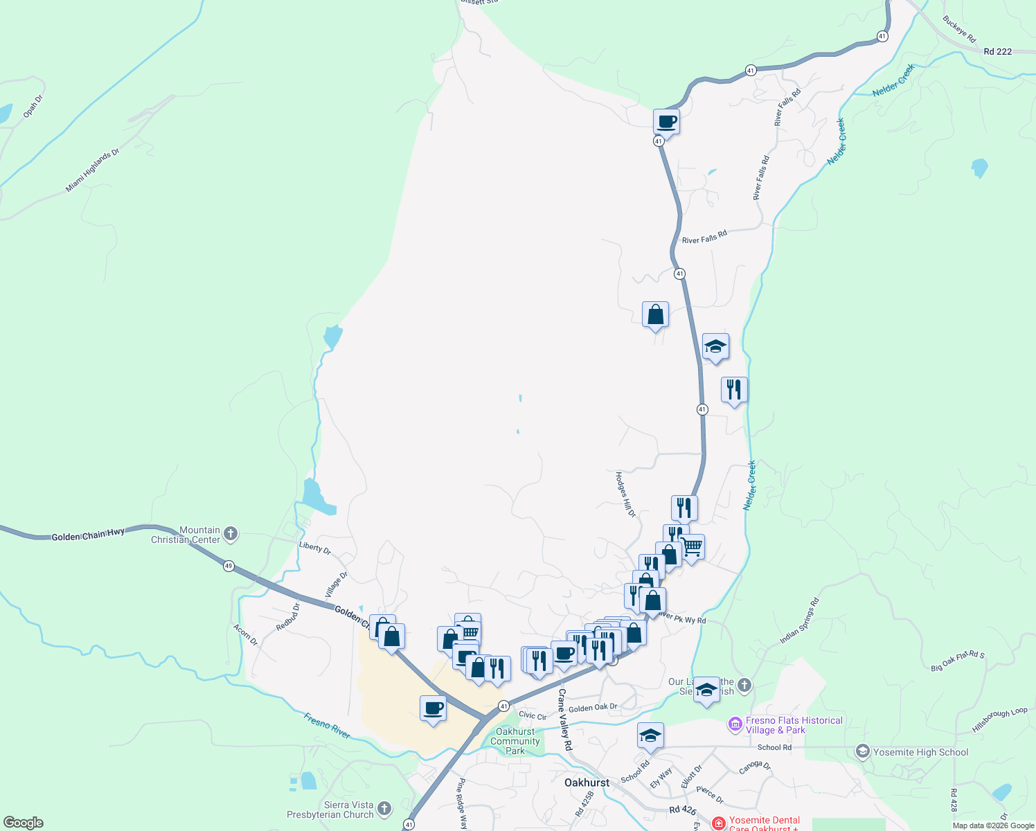 map of restaurants, bars, coffee shops, grocery stores, and more near 41094 Road 425A in Oakhurst