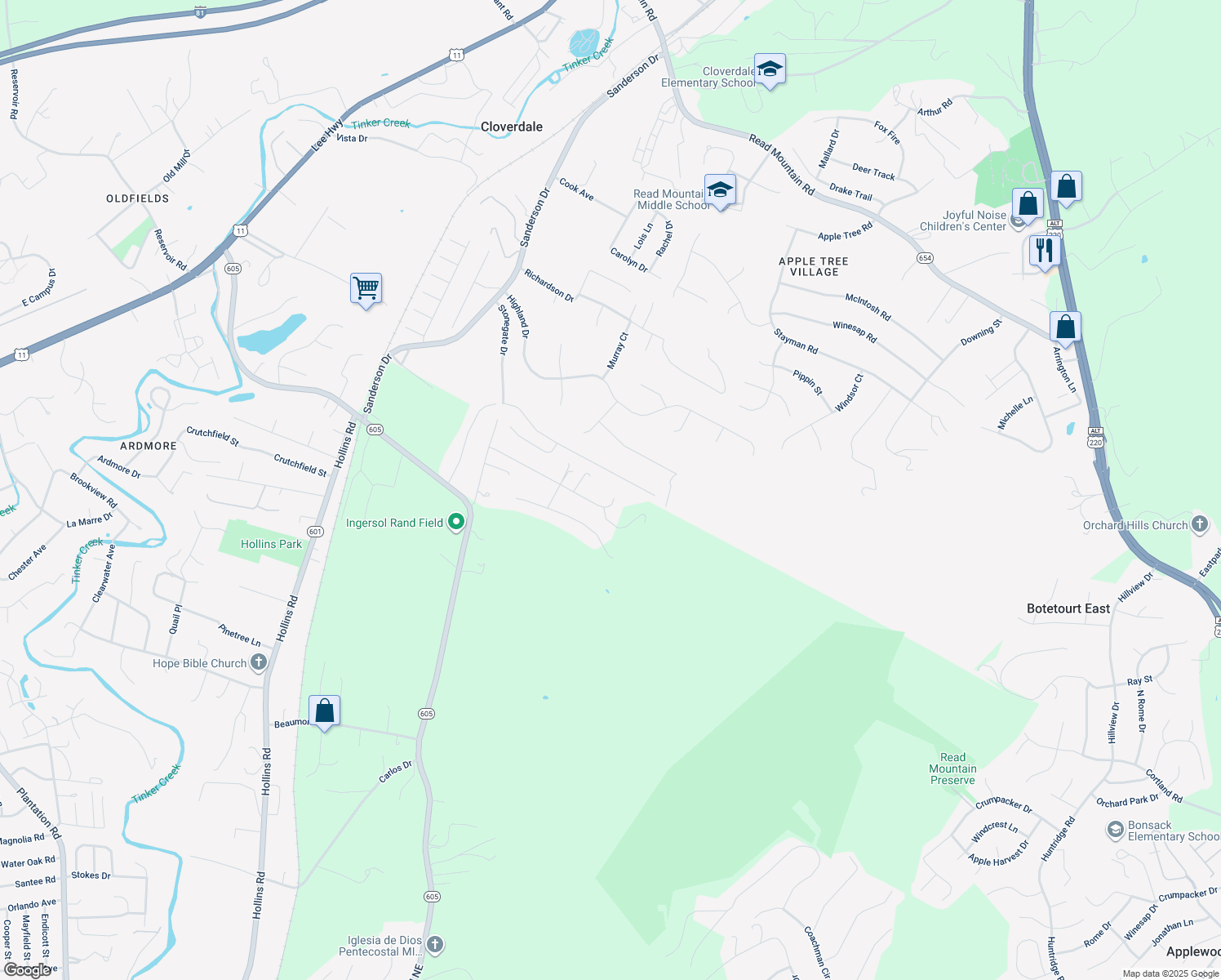 map of restaurants, bars, coffee shops, grocery stores, and more near 8254 Hunters Trail in Roanoke