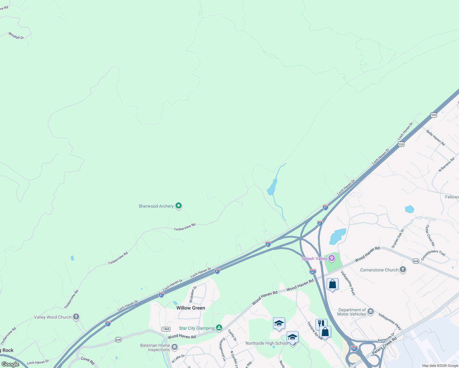 map of restaurants, bars, coffee shops, grocery stores, and more near 2930 Timberview Road in Roanoke