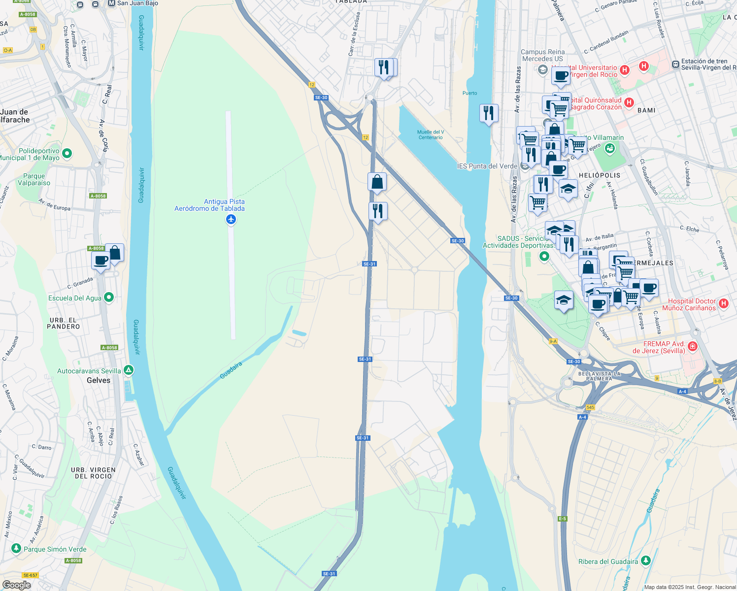 map of restaurants, bars, coffee shops, grocery stores, and more near Calle Esclusa in Sevilla