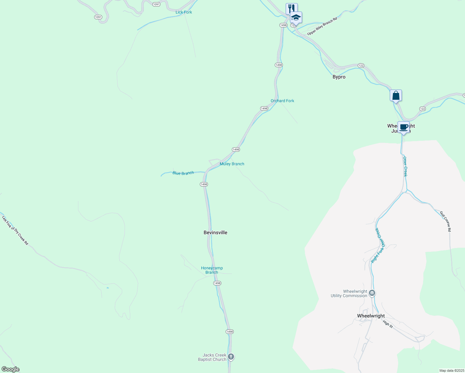 map of restaurants, bars, coffee shops, grocery stores, and more near in Bevinsville