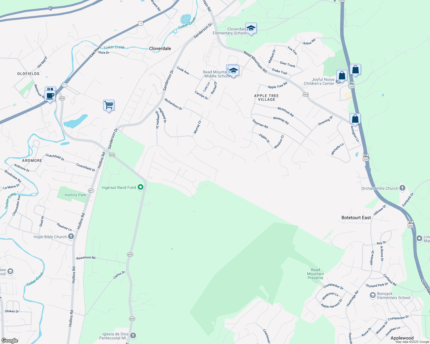 map of restaurants, bars, coffee shops, grocery stores, and more near 256 Post Oak Drive in Roanoke