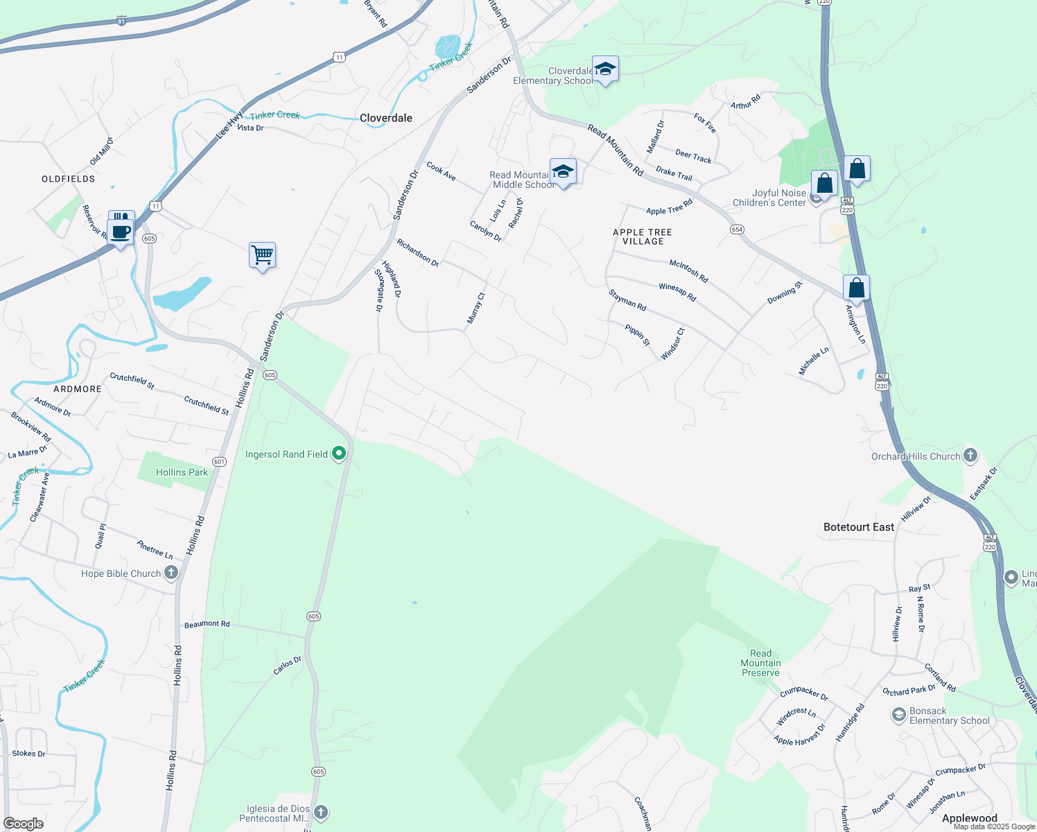 map of restaurants, bars, coffee shops, grocery stores, and more near 256 Post Oak Drive in Roanoke