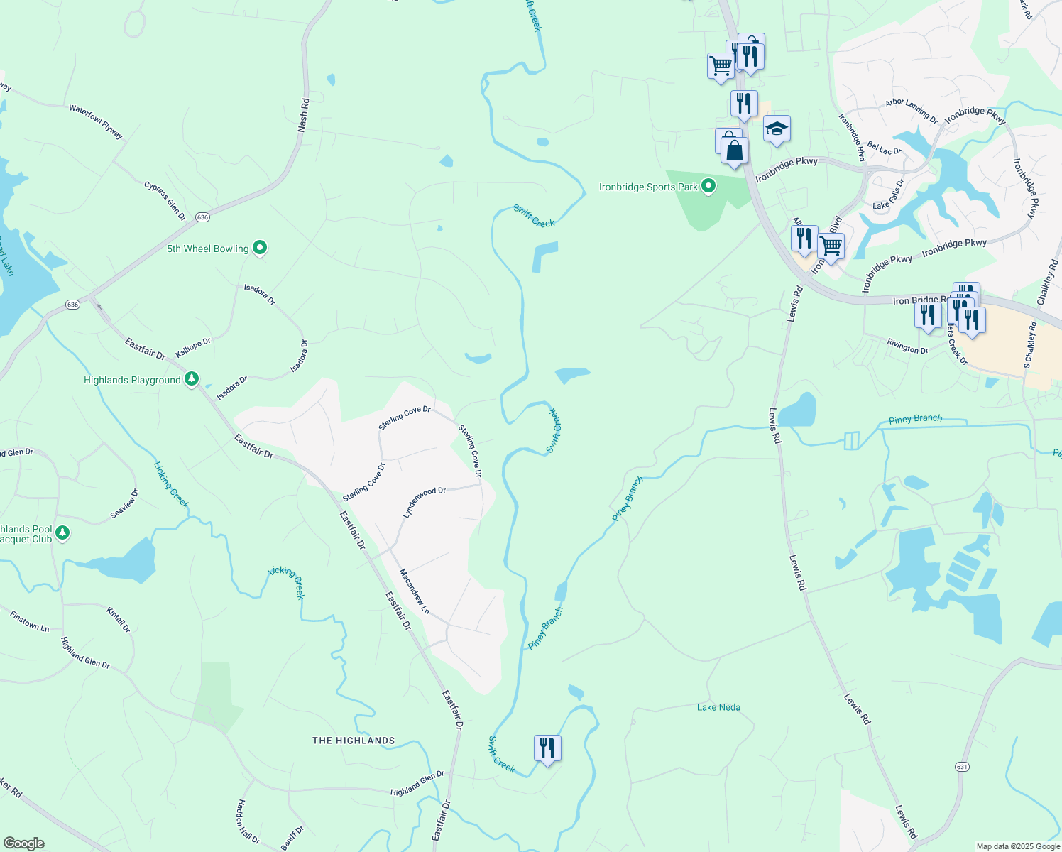 map of restaurants, bars, coffee shops, grocery stores, and more near 8200 Sterling Cove Terrace in Chesterfield