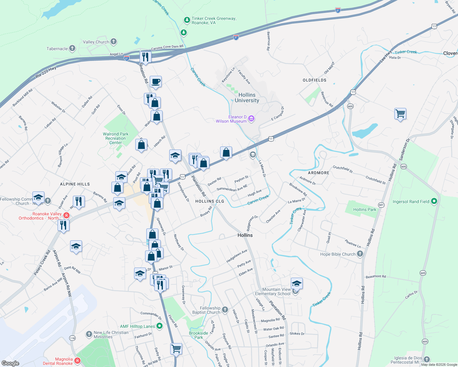 map of restaurants, bars, coffee shops, grocery stores, and more near 7315 Norman Street in Hollins