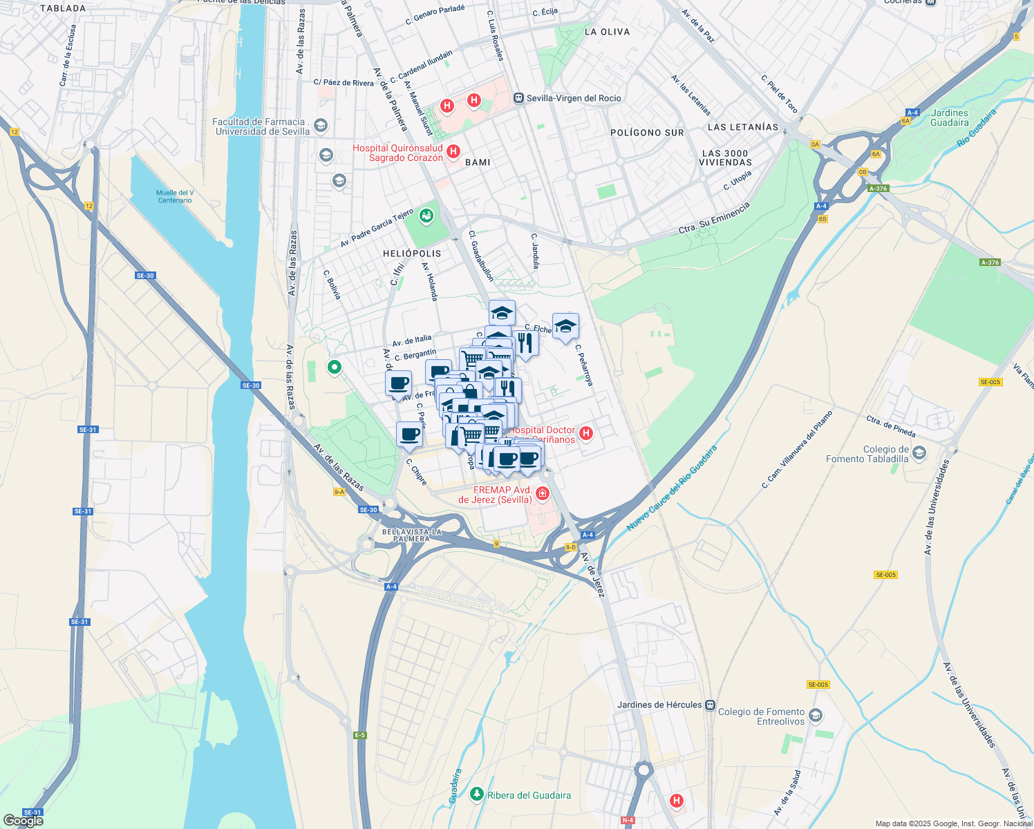 map of restaurants, bars, coffee shops, grocery stores, and more near Avenida de Jerez in Sevilla