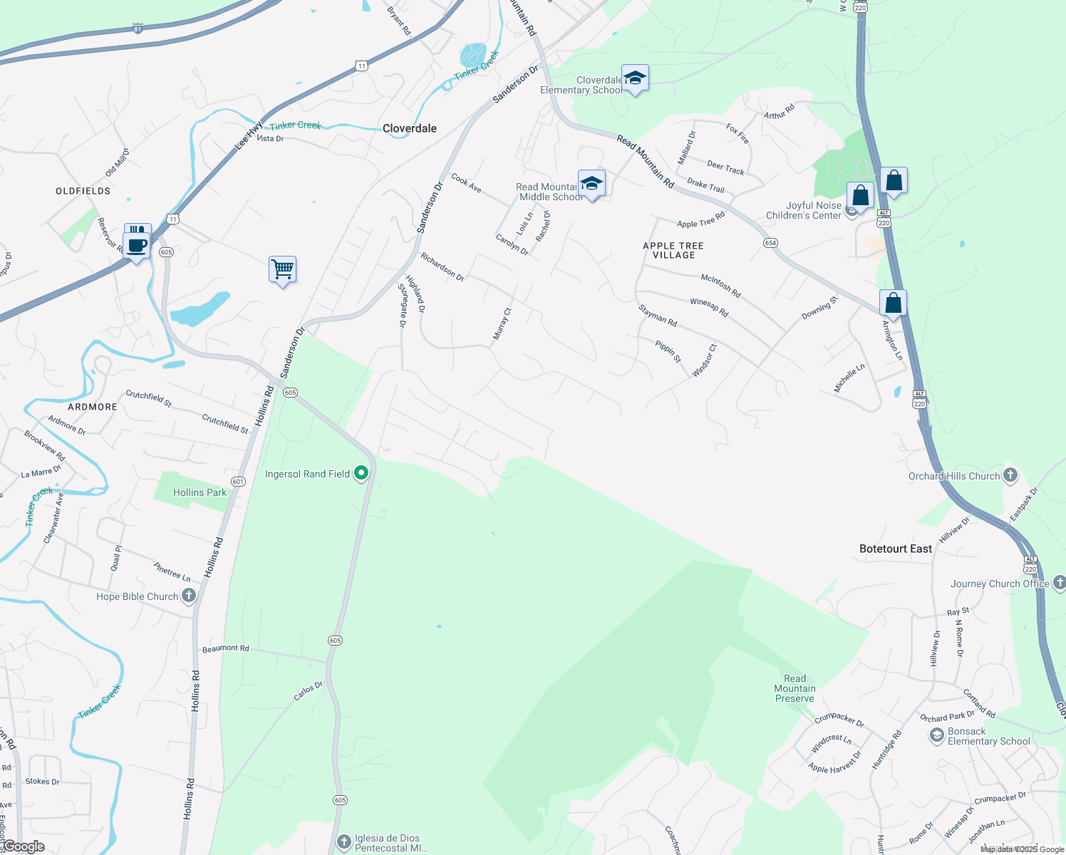 map of restaurants, bars, coffee shops, grocery stores, and more near 212 Post Oak Drive in Roanoke