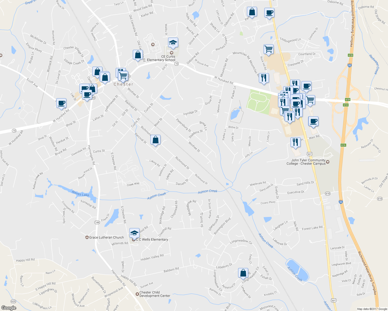 map of restaurants, bars, coffee shops, grocery stores, and more near 12649 Railroad Street in Chester