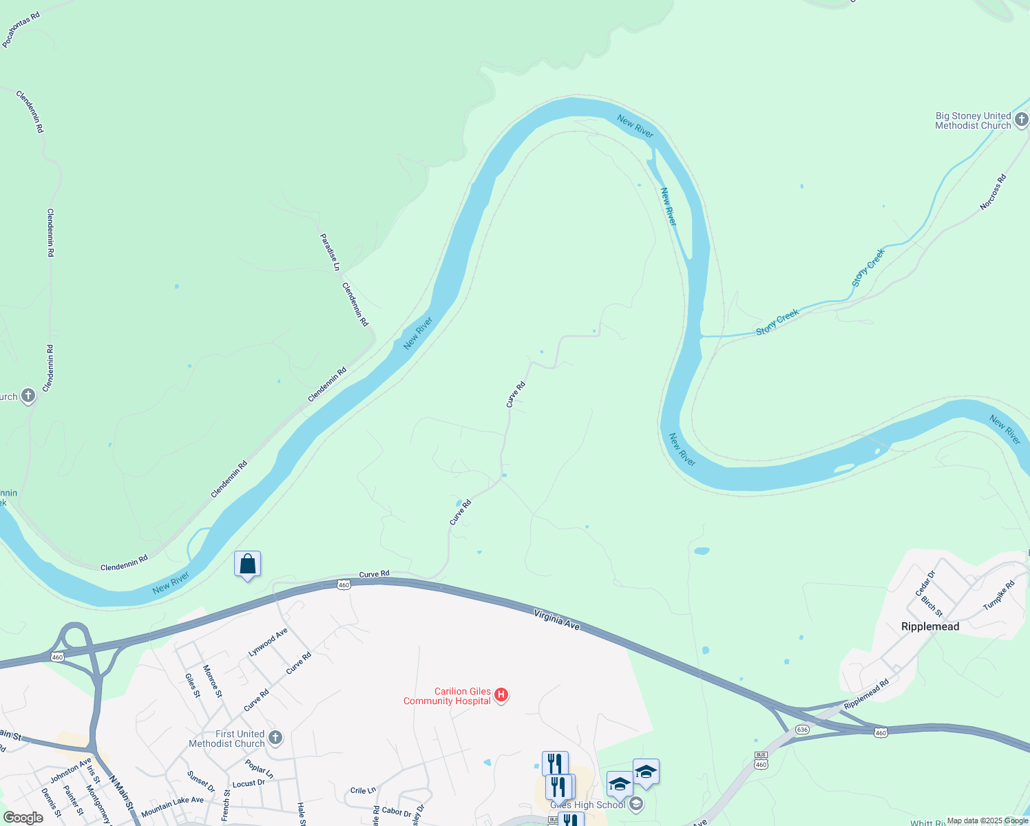 map of restaurants, bars, coffee shops, grocery stores, and more near 2235 Curve Road in Pearisburg