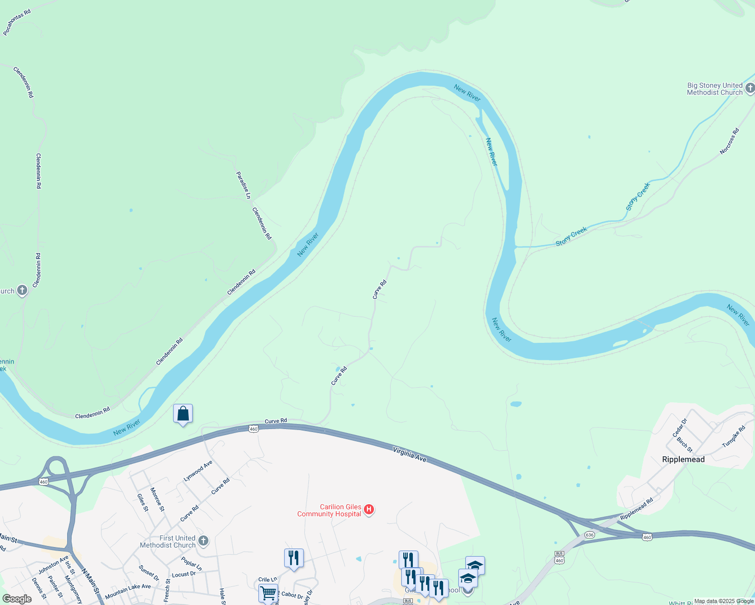 map of restaurants, bars, coffee shops, grocery stores, and more near 2235 Curve Road in Pearisburg