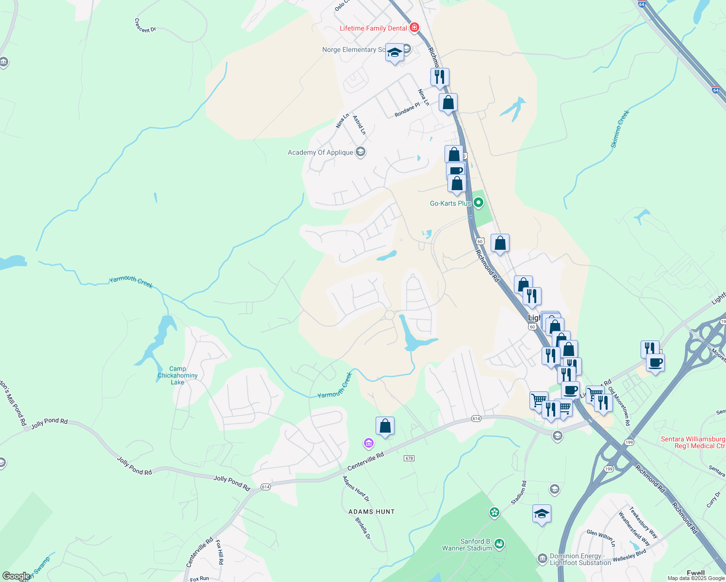 map of restaurants, bars, coffee shops, grocery stores, and more near 4224 Brafferton Road in Williamsburg