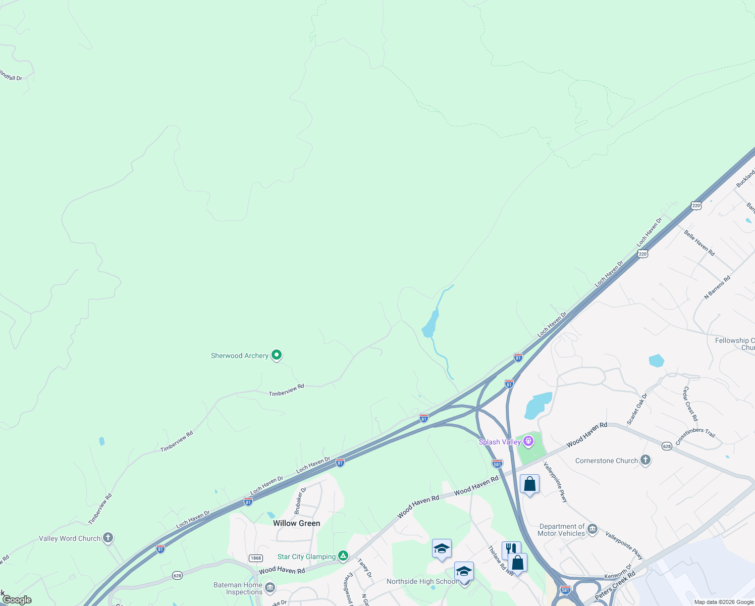 map of restaurants, bars, coffee shops, grocery stores, and more near 2930 Timberview Road in Roanoke