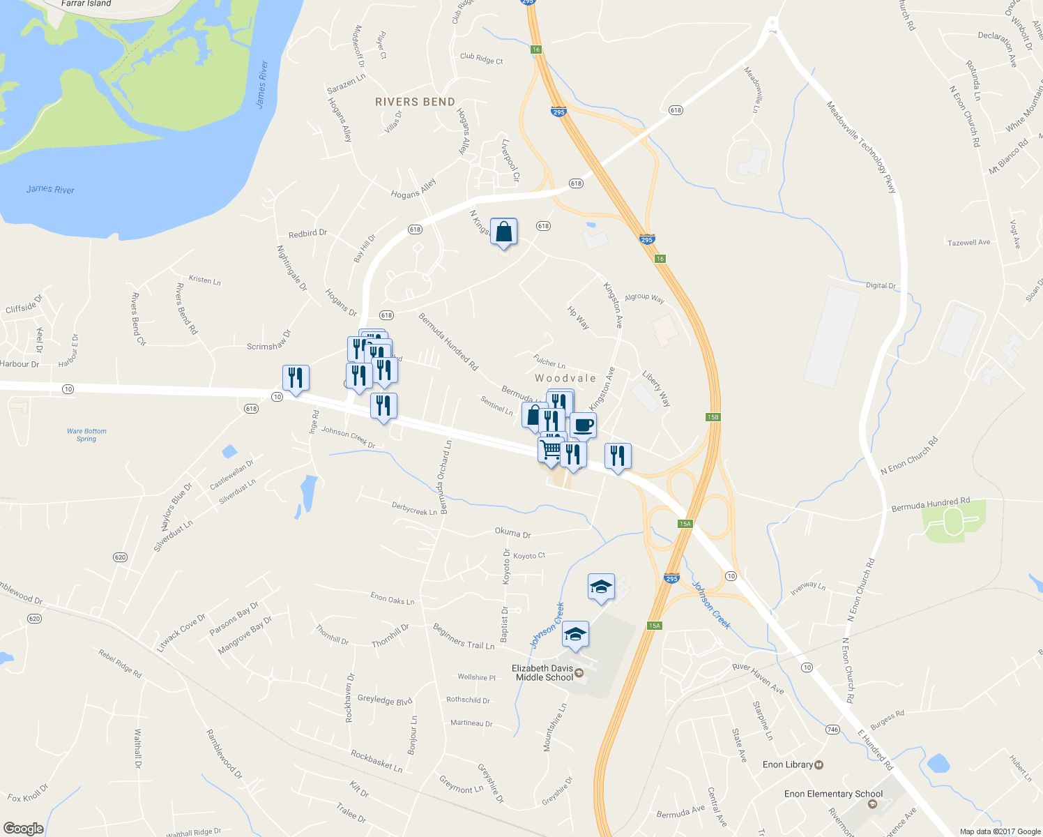 map of restaurants, bars, coffee shops, grocery stores, and more near 13113 Random Road in Chester