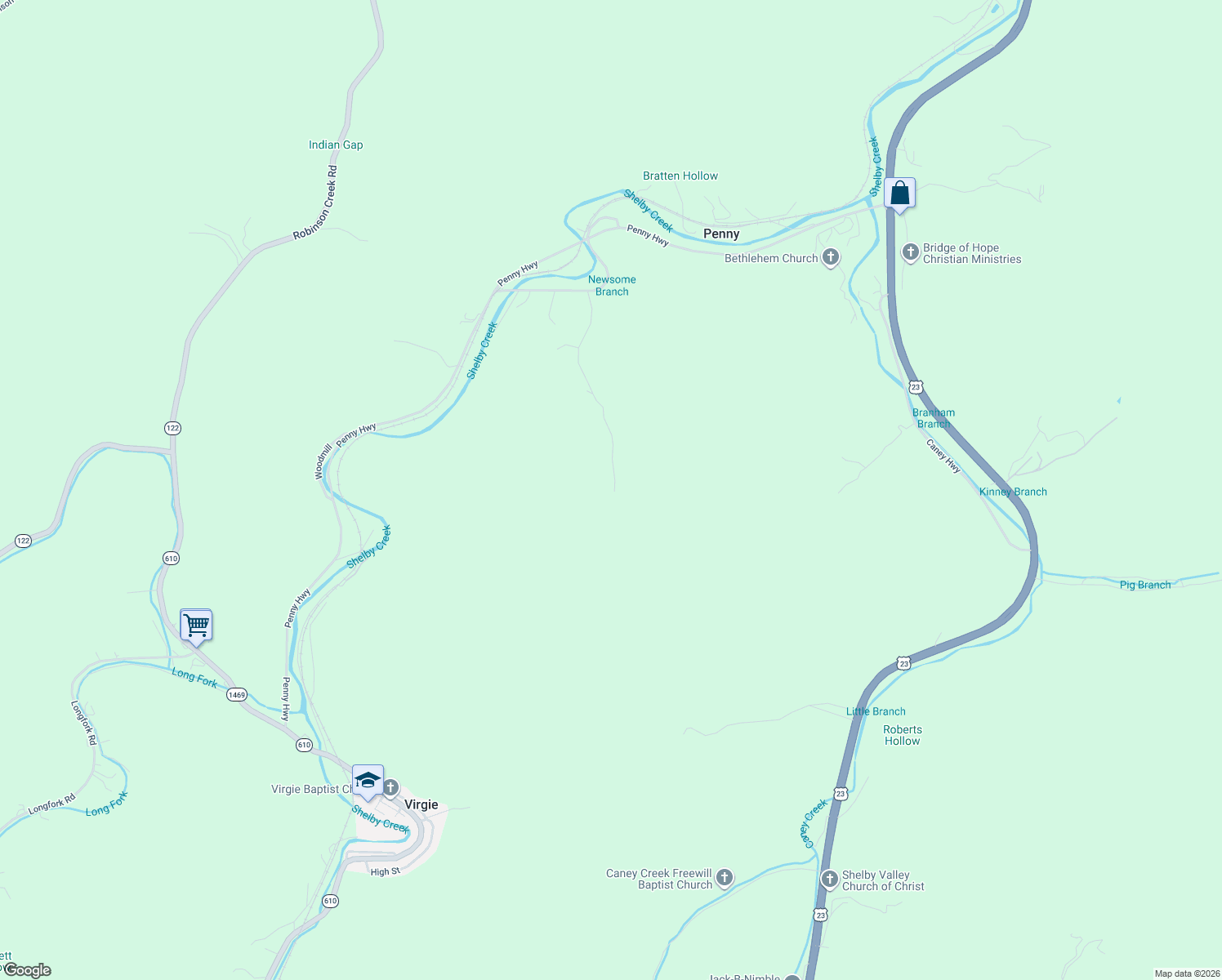 map of restaurants, bars, coffee shops, grocery stores, and more near 1-699 Harrison Newsome Road in Pikeville