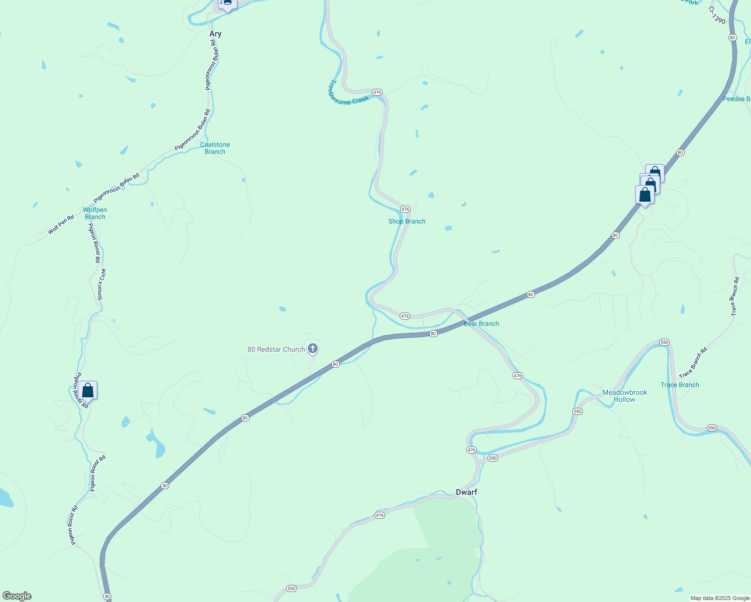 map of restaurants, bars, coffee shops, grocery stores, and more near Highway 476 in Hazard
