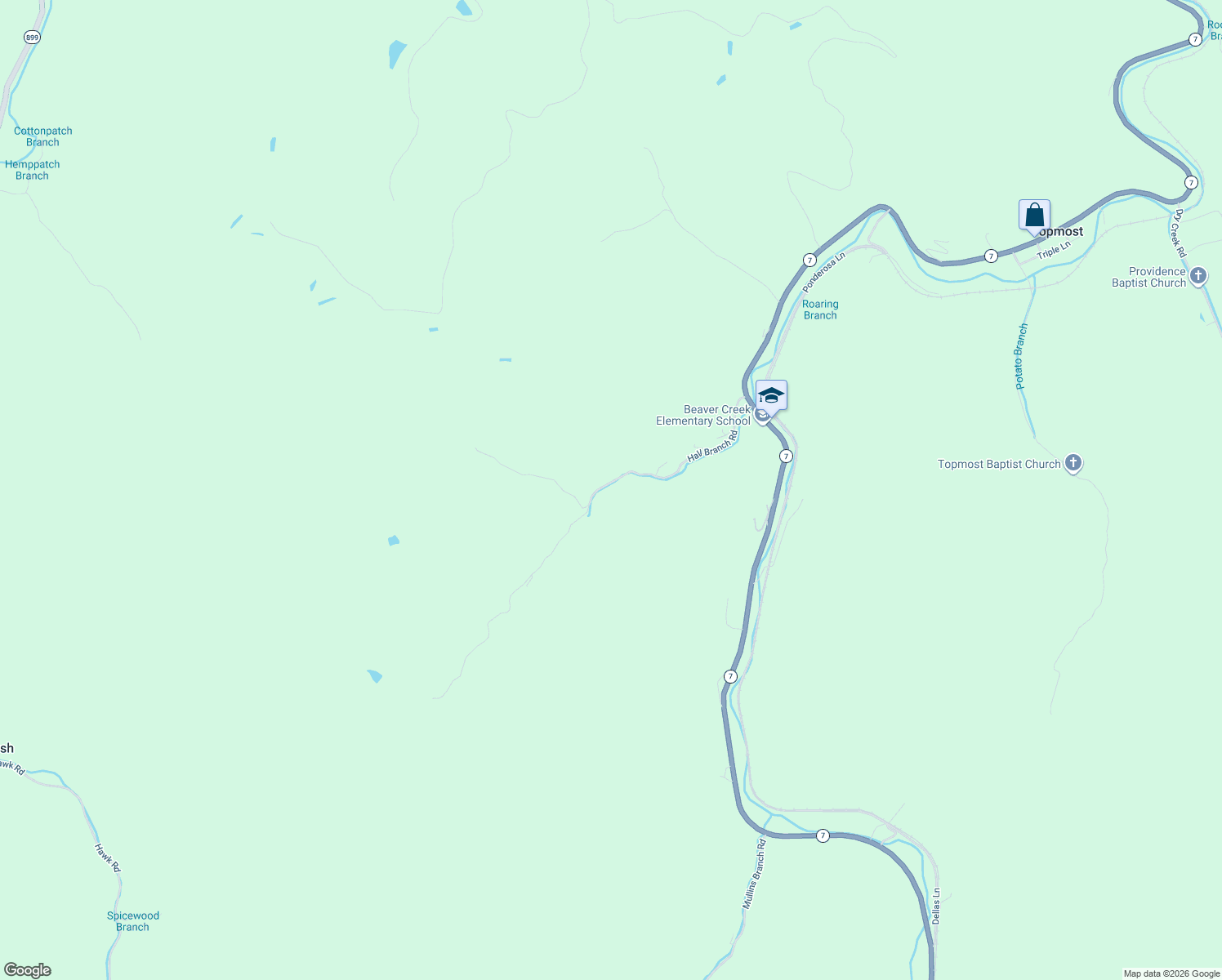 map of restaurants, bars, coffee shops, grocery stores, and more near Hall Branch Road in Topmost