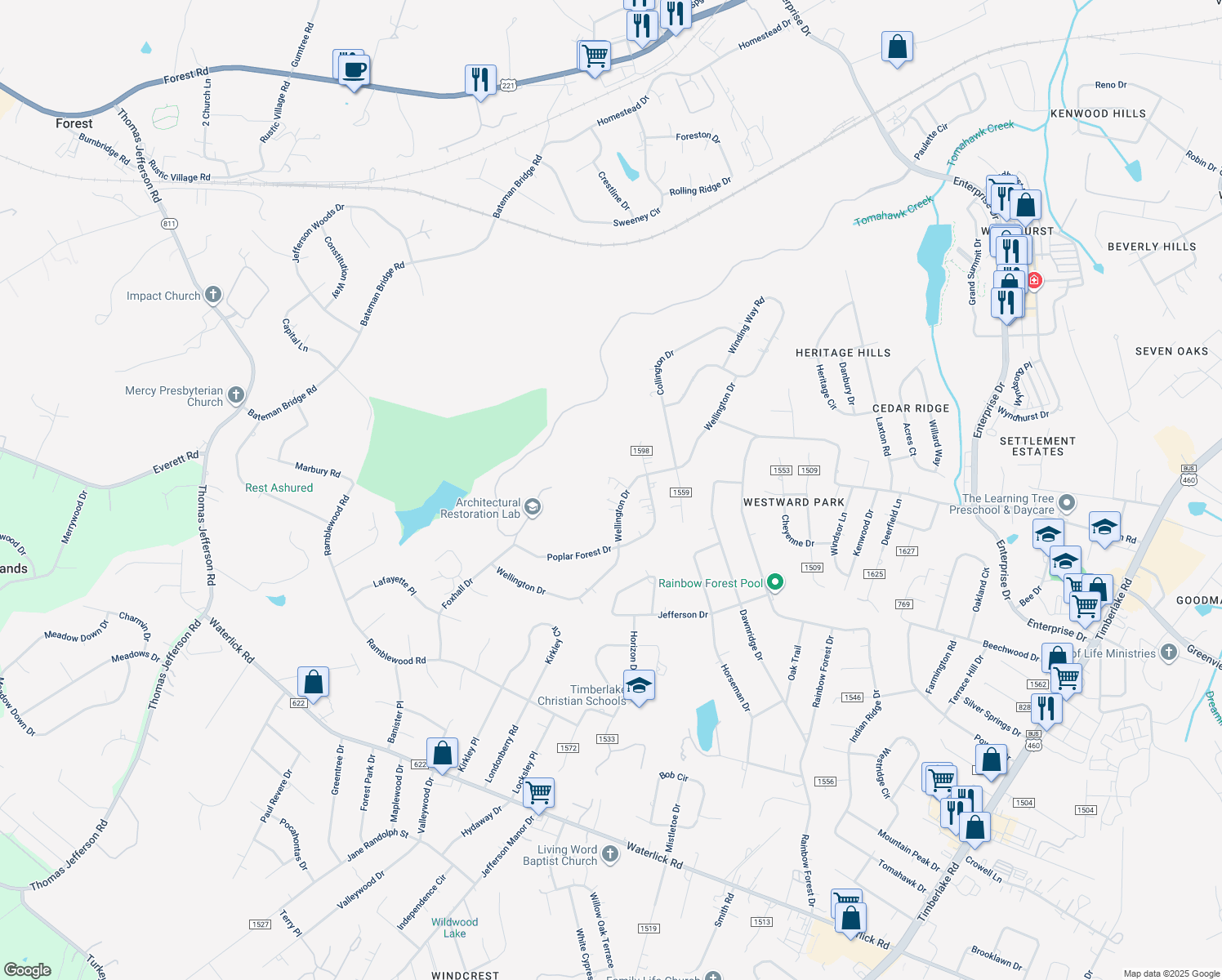 map of restaurants, bars, coffee shops, grocery stores, and more near 38 Braxton Ln in Forest