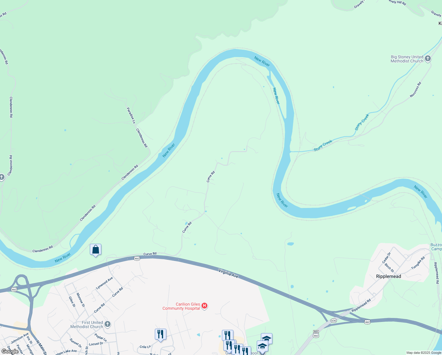 map of restaurants, bars, coffee shops, grocery stores, and more near 2253 Curve Road in Pearisburg