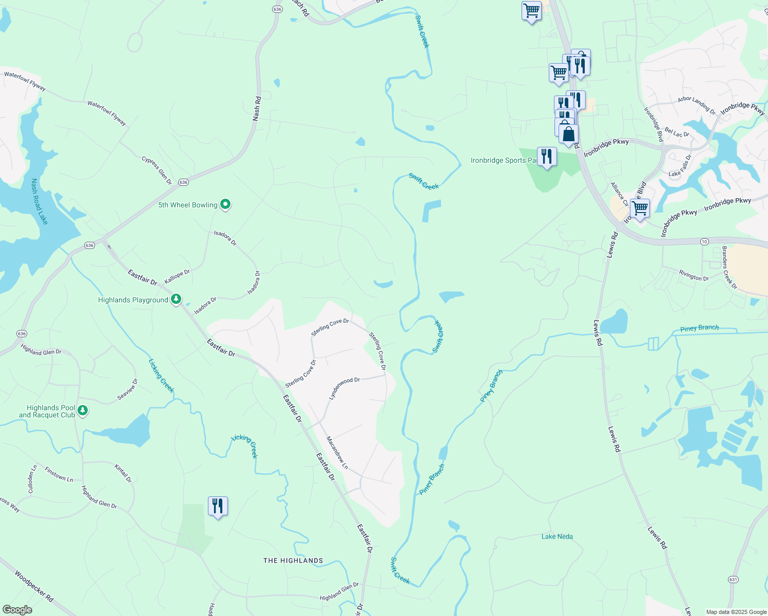 map of restaurants, bars, coffee shops, grocery stores, and more near 8300 Sterling Tide Court in Chesterfield