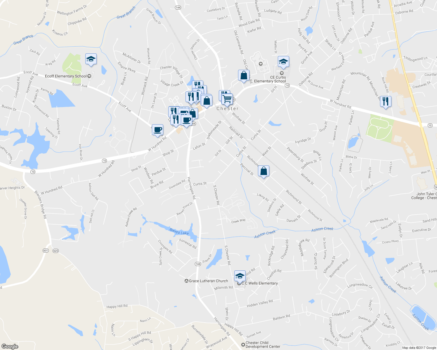 map of restaurants, bars, coffee shops, grocery stores, and more near 4234 Curtis Street in Chester