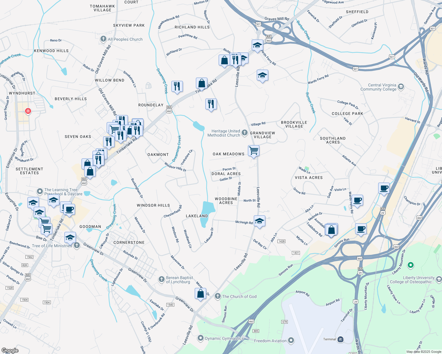 map of restaurants, bars, coffee shops, grocery stores, and more near 115 Gatlin Street in Lynchburg