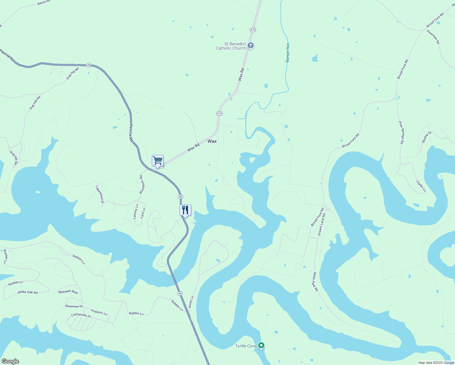 map of restaurants, bars, coffee shops, grocery stores, and more near Leslie Lane in Clarkson