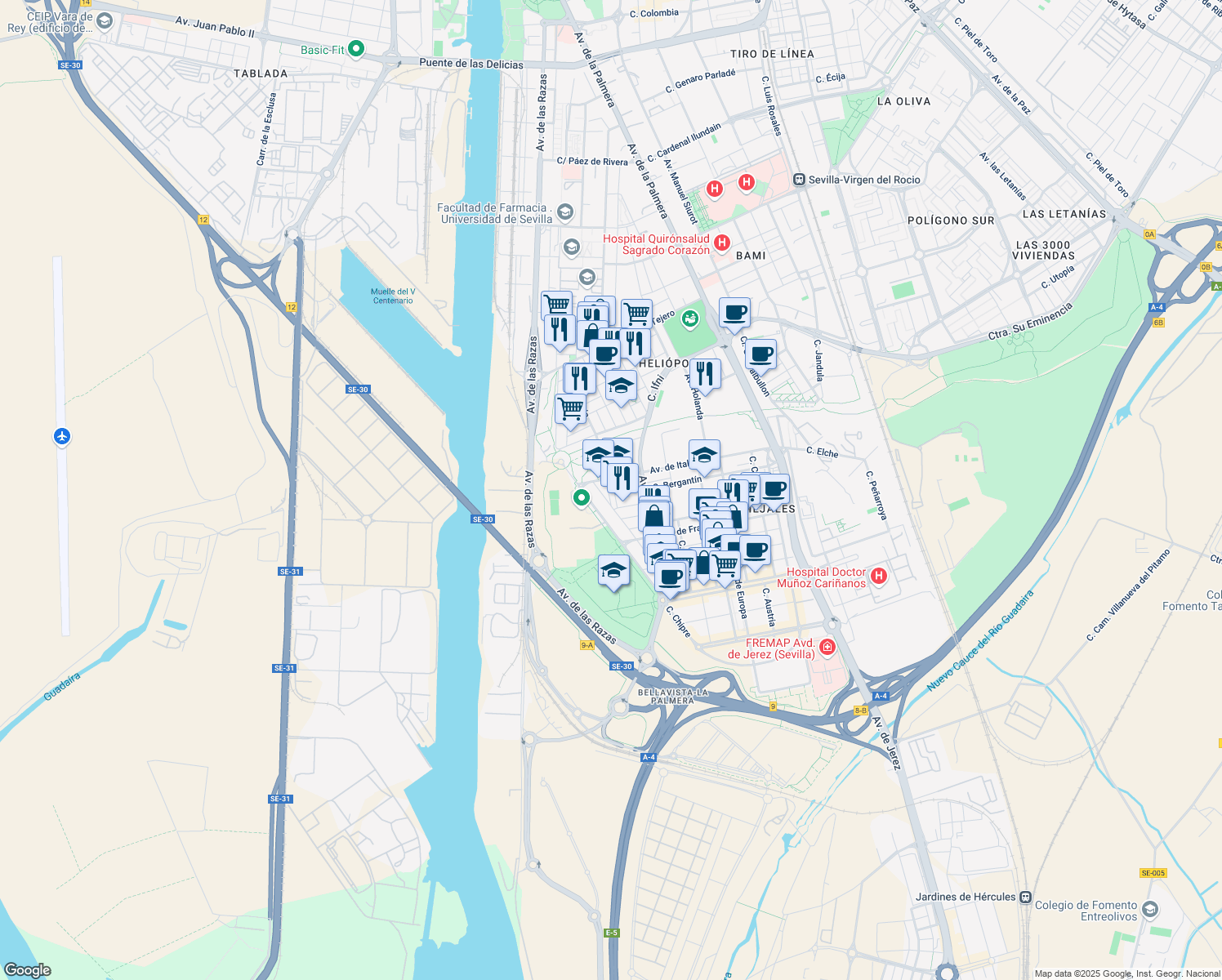 map of restaurants, bars, coffee shops, grocery stores, and more near 6 Calle Londres in Sevilla