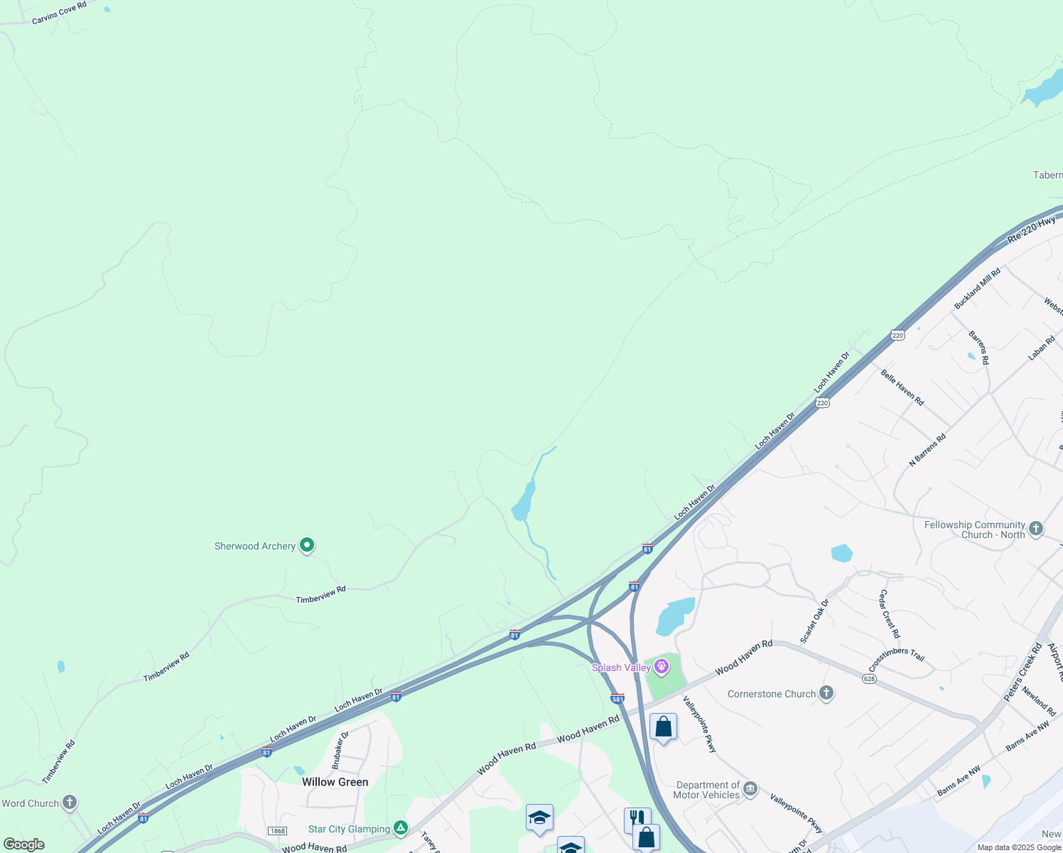 map of restaurants, bars, coffee shops, grocery stores, and more near 3126 Timberview Road in Roanoke