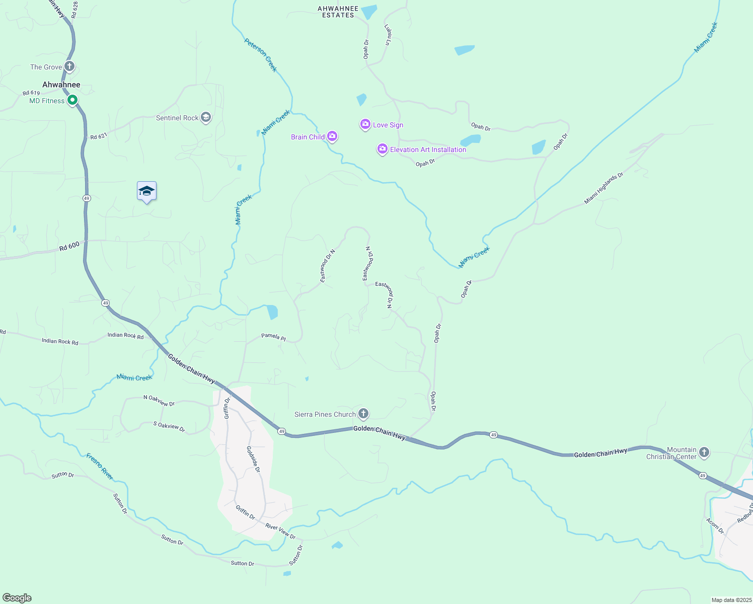 map of restaurants, bars, coffee shops, grocery stores, and more near 46520 Eastwood Drive North in Oakhurst
