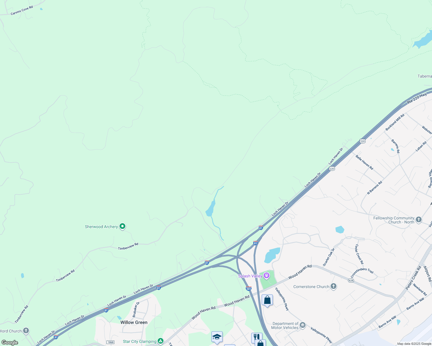 map of restaurants, bars, coffee shops, grocery stores, and more near 3126 Timberview Road in Roanoke