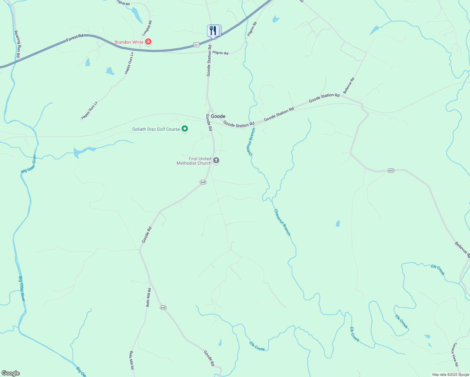 map of restaurants, bars, coffee shops, grocery stores, and more near 113 Melanie Drive in Goode