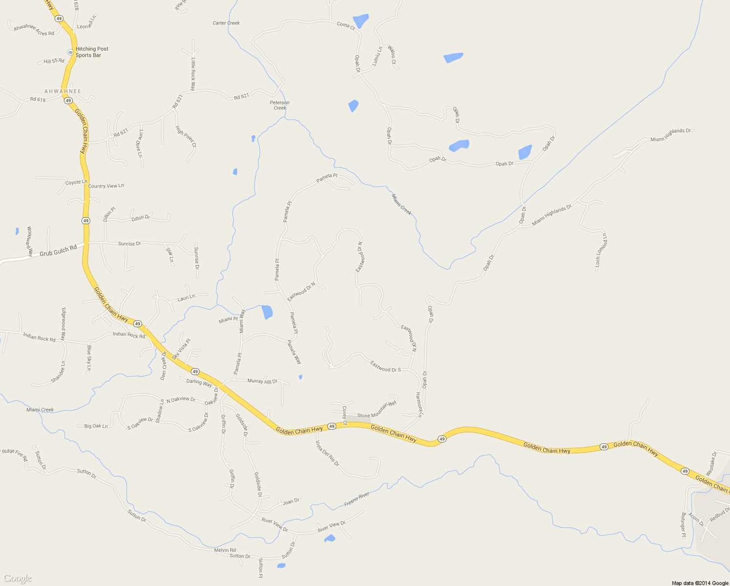 map of restaurants, bars, coffee shops, grocery stores, and more near 46520 Eastwood Drive North in Oakhurst