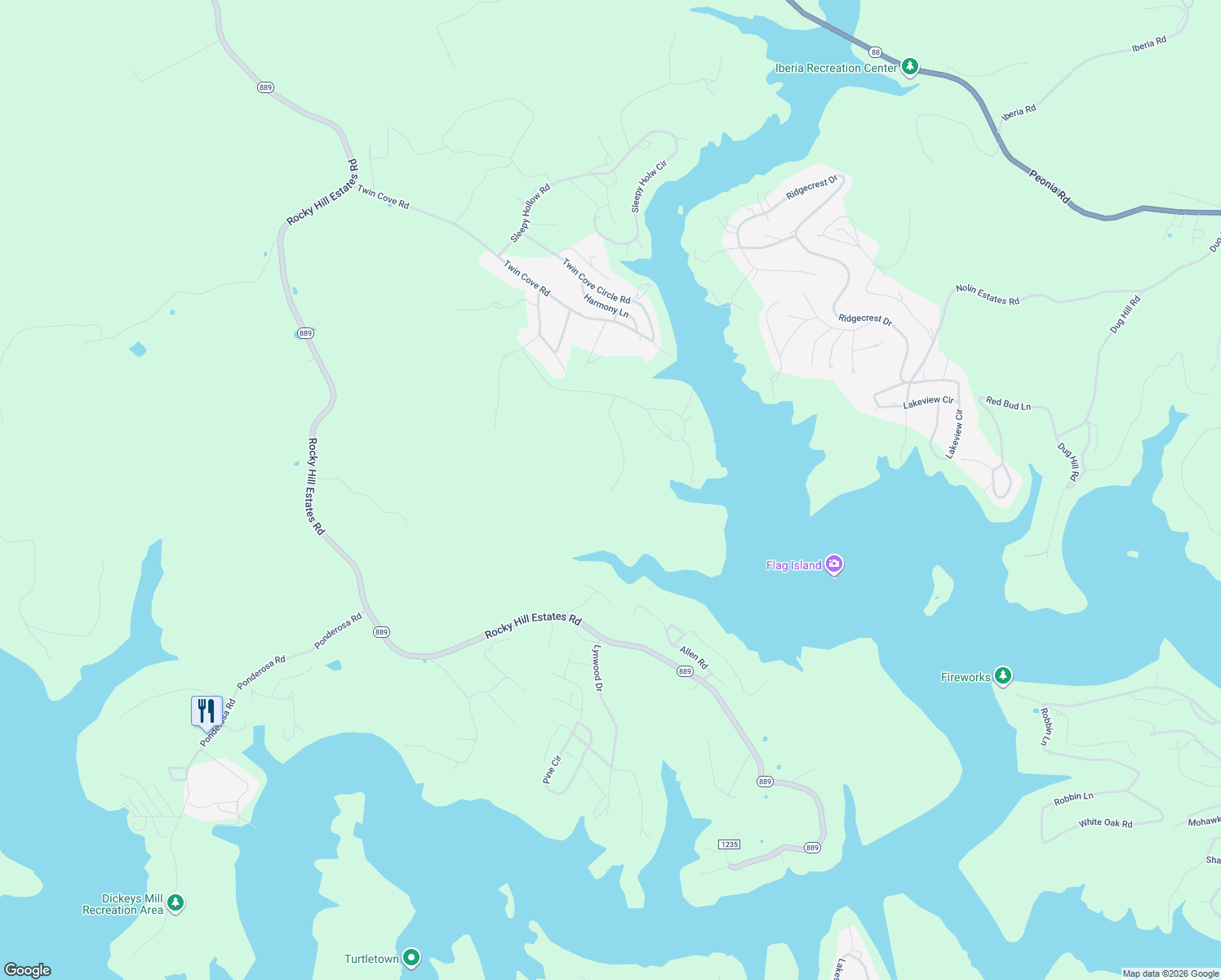 map of restaurants, bars, coffee shops, grocery stores, and more near 399 Terry Lane in Clarkson