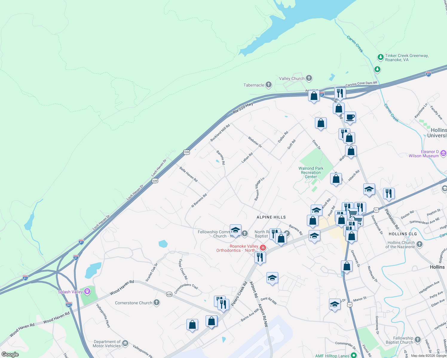 map of restaurants, bars, coffee shops, grocery stores, and more near 6482-6498 Barrens Road in Hollins