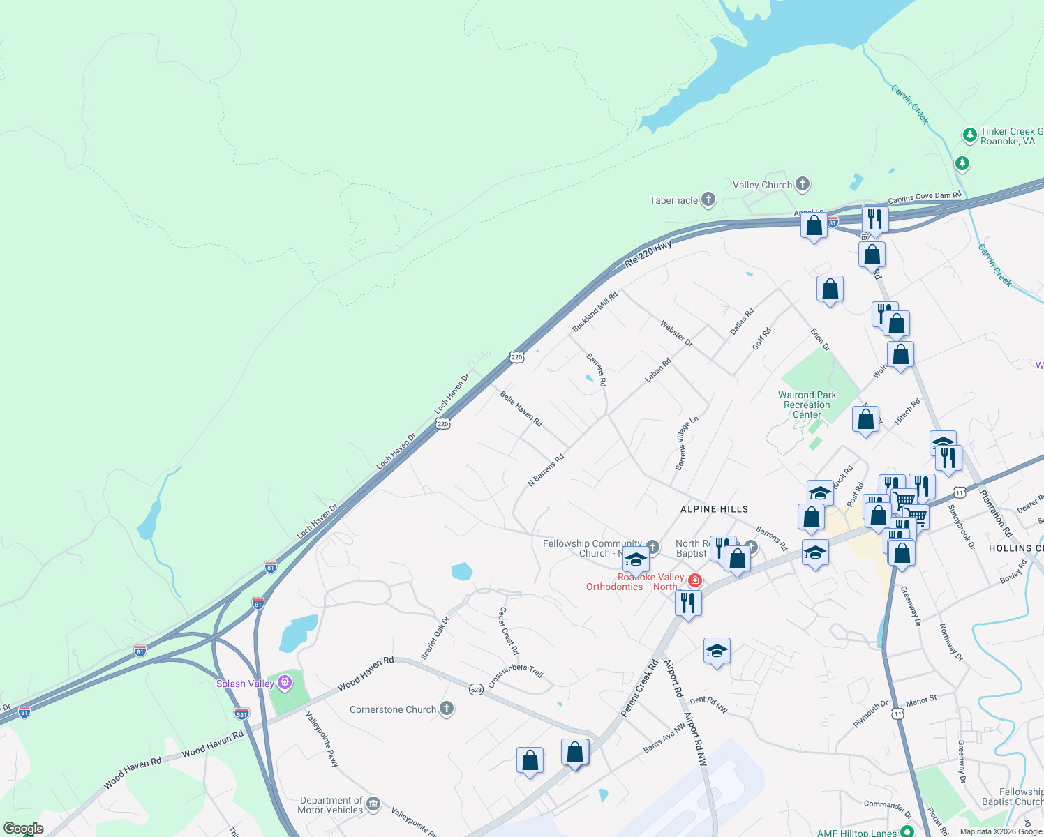 map of restaurants, bars, coffee shops, grocery stores, and more near 8412 Belle Haven Road in Roanoke