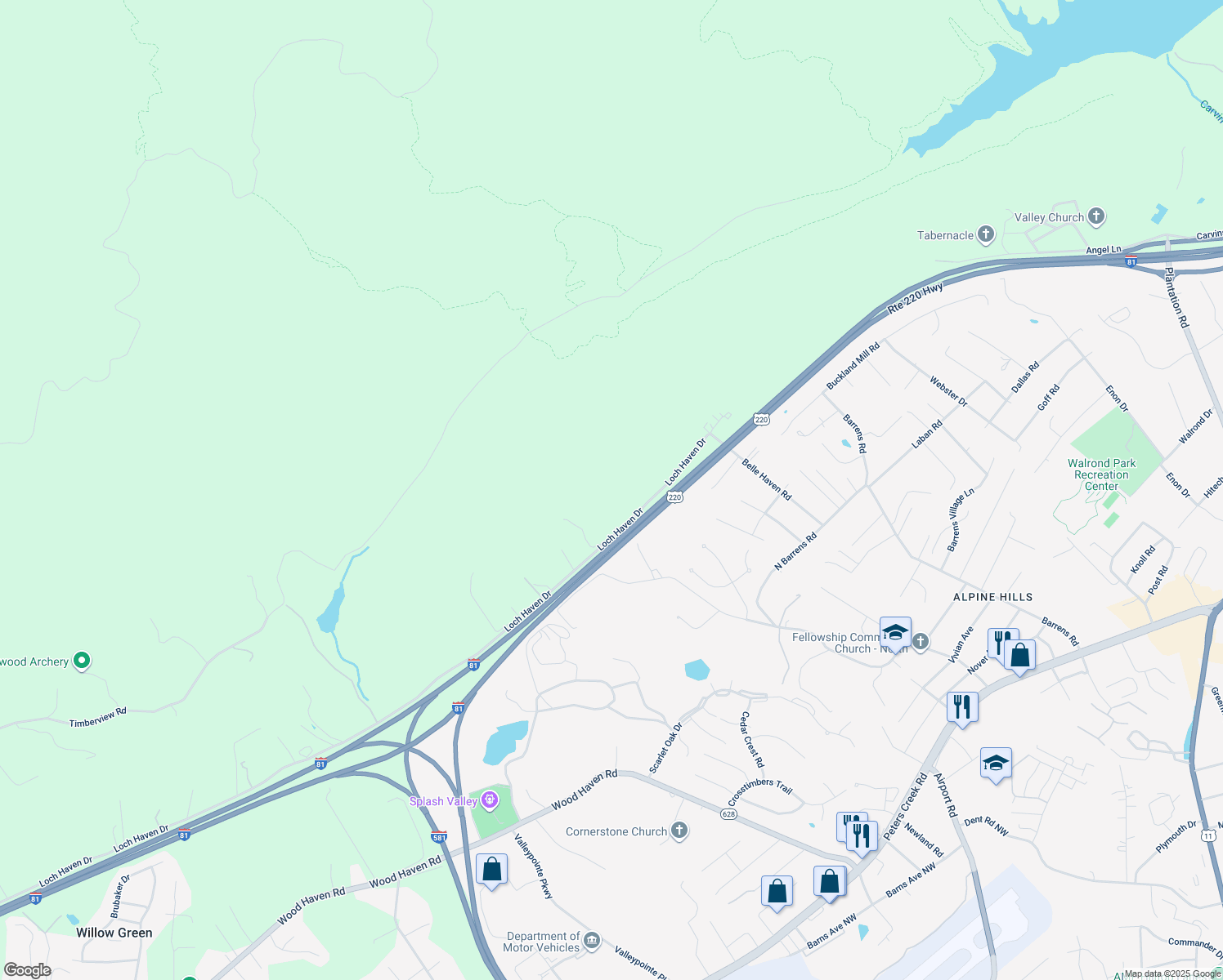 map of restaurants, bars, coffee shops, grocery stores, and more near 3090 Loch Haven Drive in Roanoke