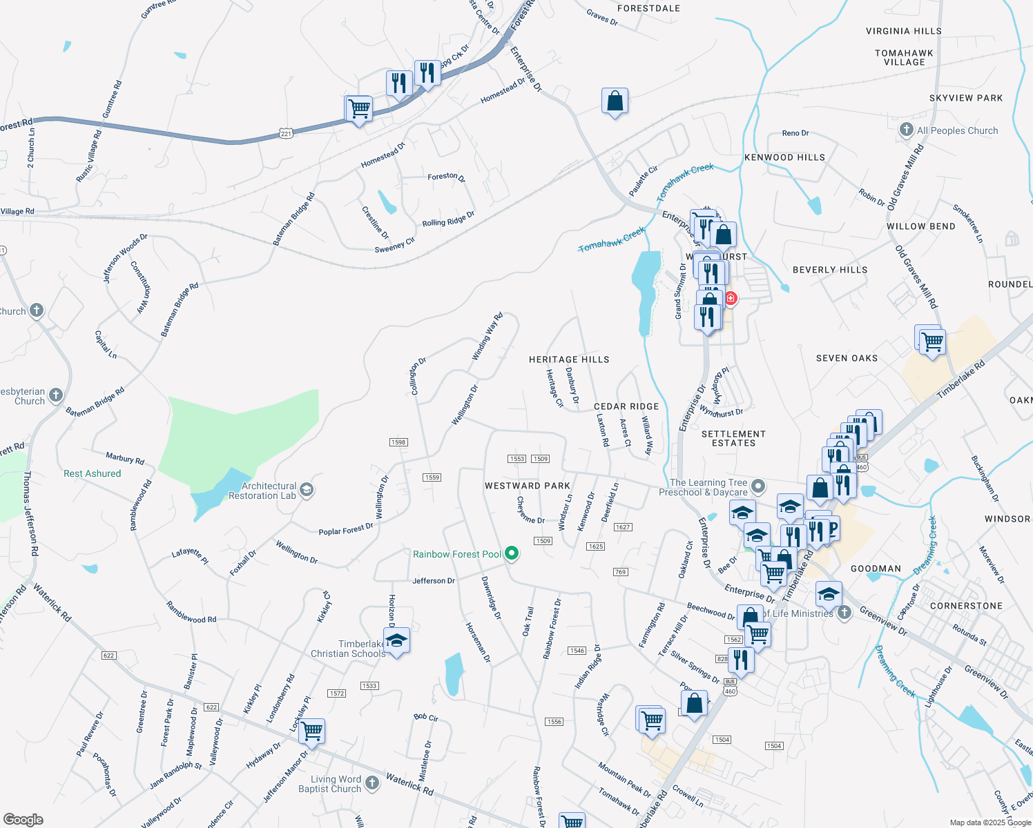 map of restaurants, bars, coffee shops, grocery stores, and more near 104 Chelsey Court in Lynchburg