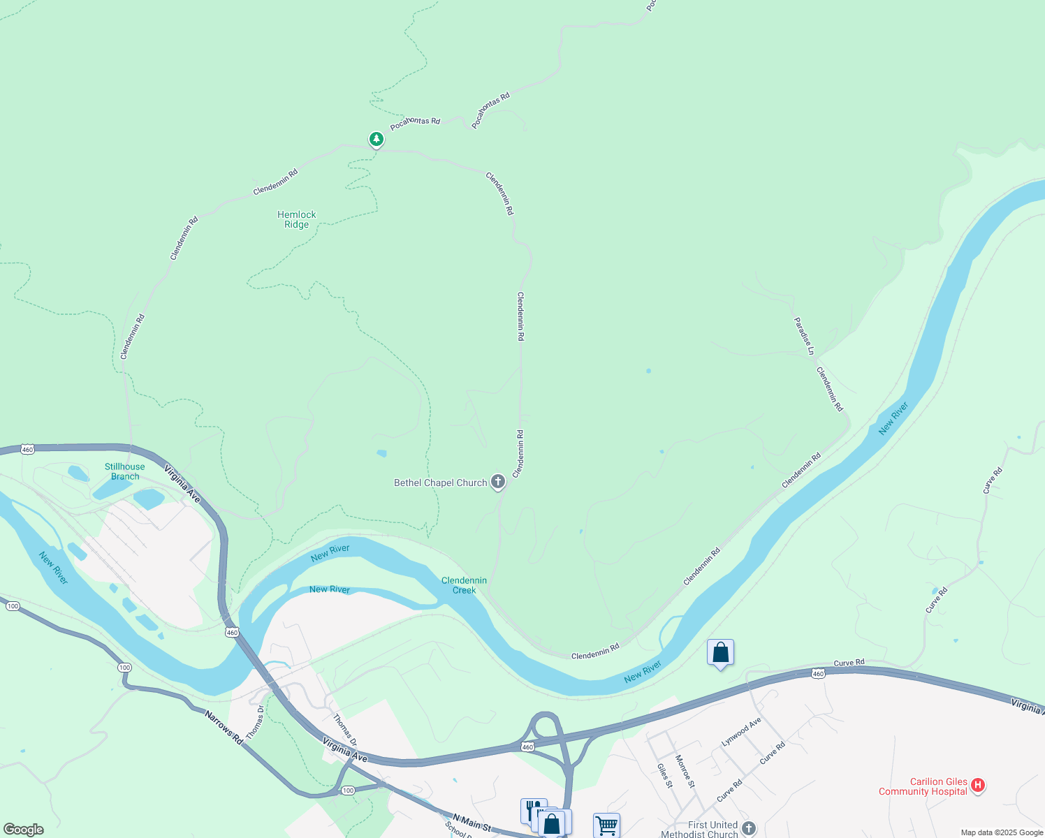 map of restaurants, bars, coffee shops, grocery stores, and more near 1287 Clendennin Road in Narrows