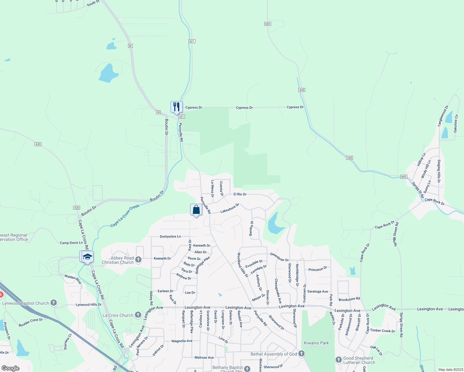 map of restaurants, bars, coffee shops, grocery stores, and more near 2924 Bella Vista Drive in Cape Girardeau