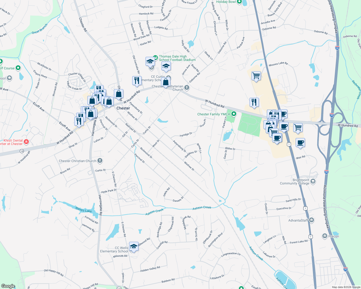 map of restaurants, bars, coffee shops, grocery stores, and more near 12509 Petersburg Street in Chester