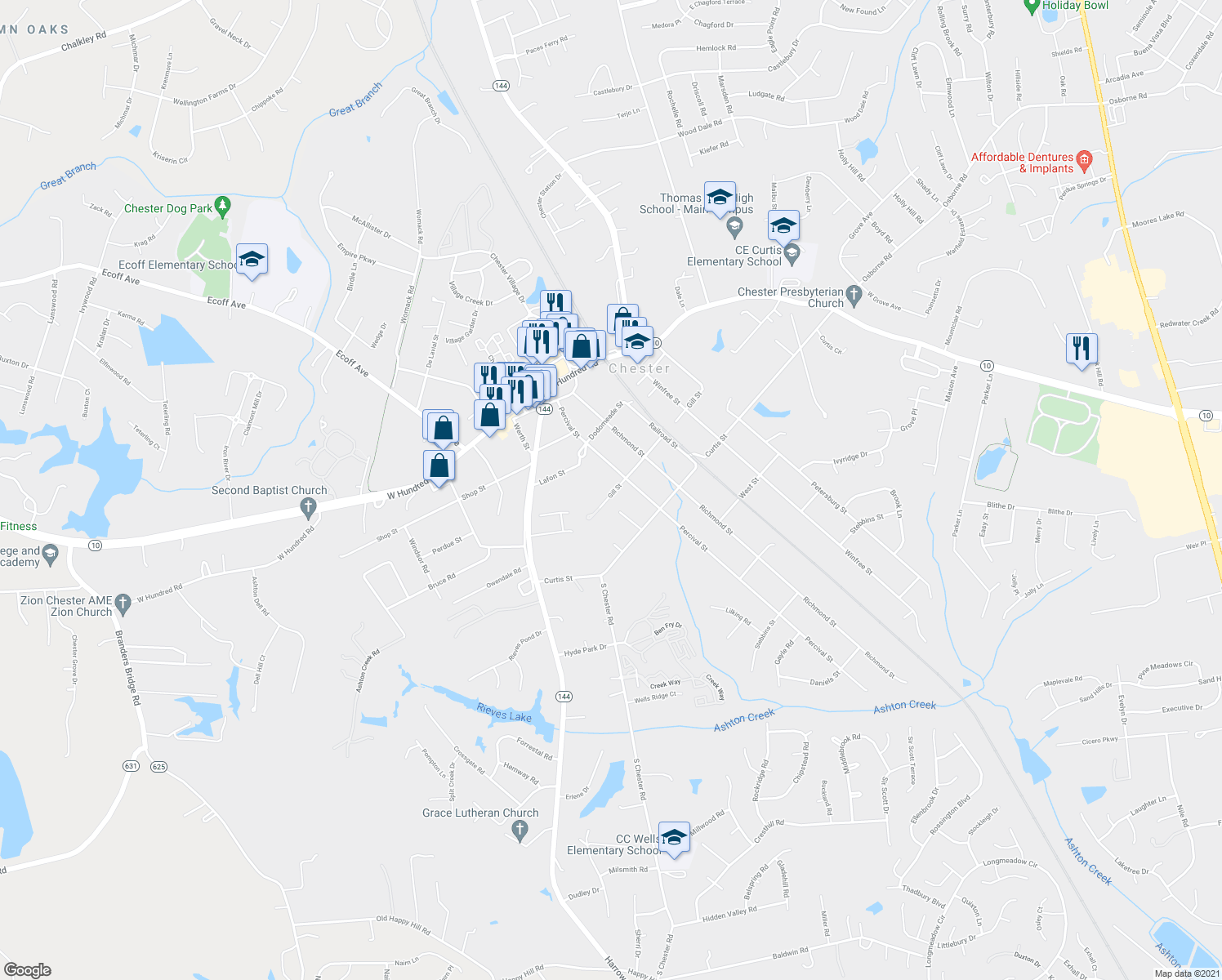 map of restaurants, bars, coffee shops, grocery stores, and more near 4220 Gill Street in Chester
