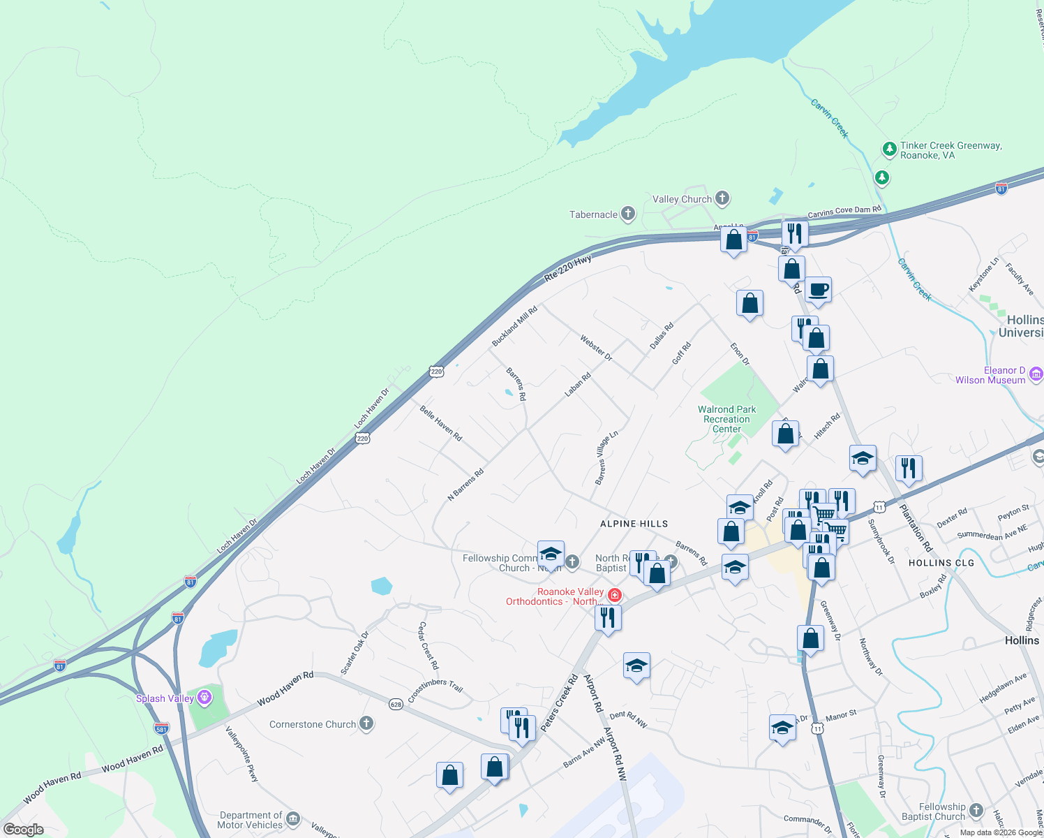 map of restaurants, bars, coffee shops, grocery stores, and more near 8308 Barrens Road in Hollins