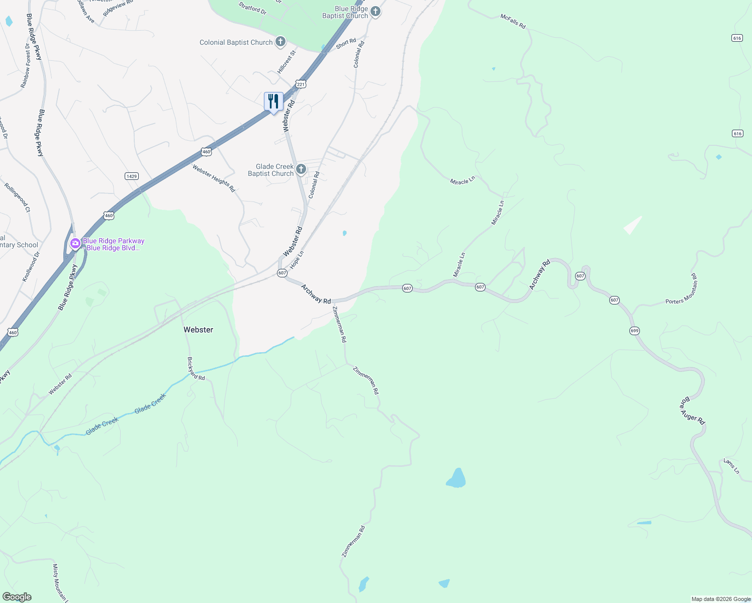 map of restaurants, bars, coffee shops, grocery stores, and more near 556 Archway Road in Blue Ridge