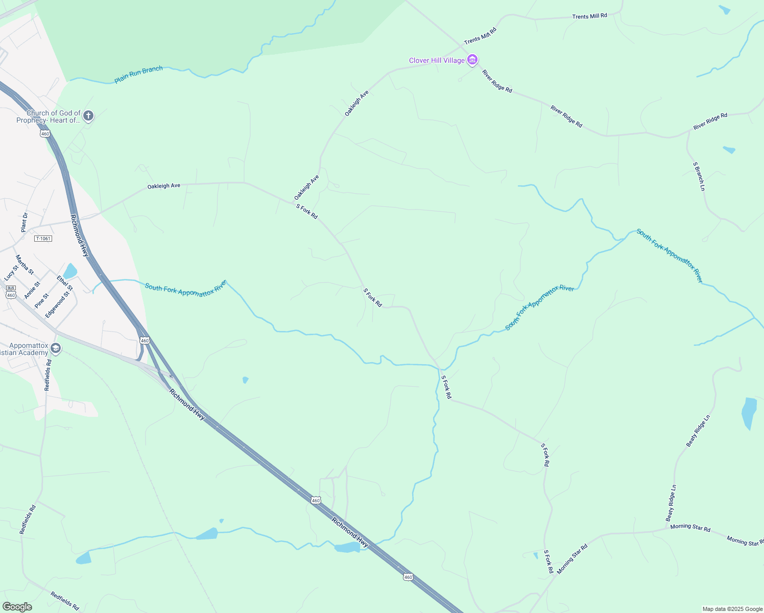 map of restaurants, bars, coffee shops, grocery stores, and more near 1749 South Fork Road in Appomattox