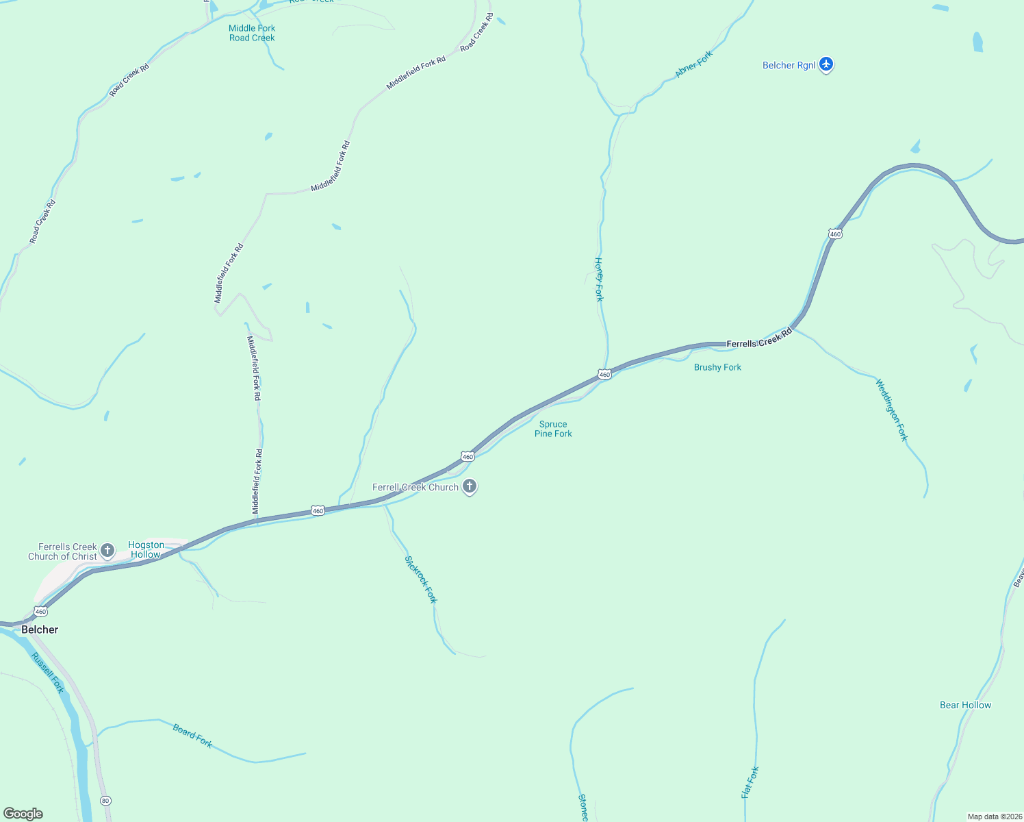 map of restaurants, bars, coffee shops, grocery stores, and more near 16960 Ferrells Creek Road in Belcher