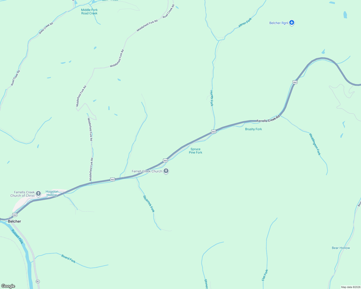 map of restaurants, bars, coffee shops, grocery stores, and more near 16960 Ferrells Creek Road in Belcher