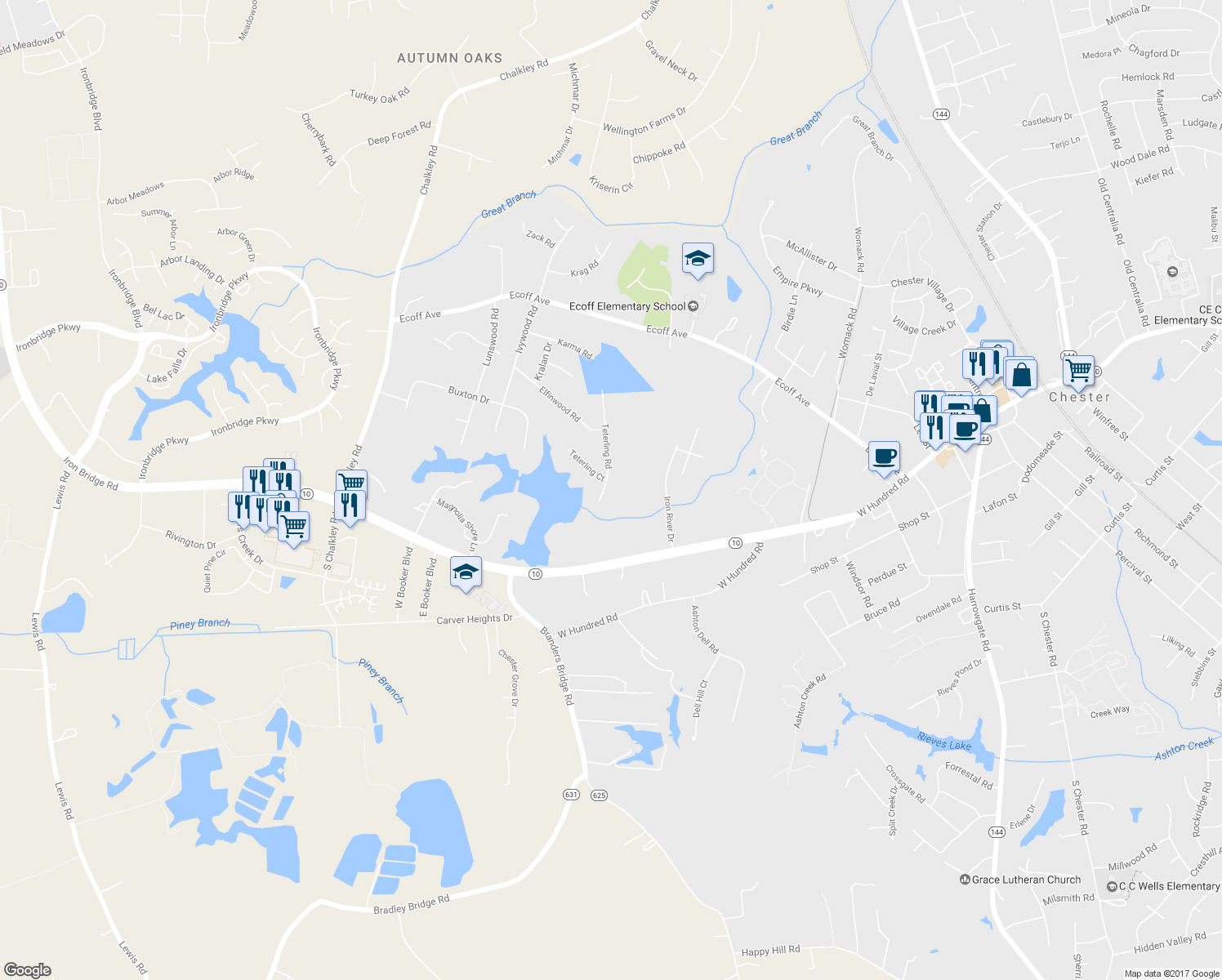 map of restaurants, bars, coffee shops, grocery stores, and more near 11701 Teterling Road in Chester