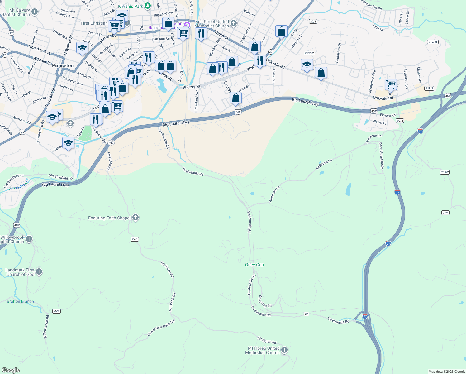 map of restaurants, bars, coffee shops, grocery stores, and more near 920 Twelvemile Road in Princeton