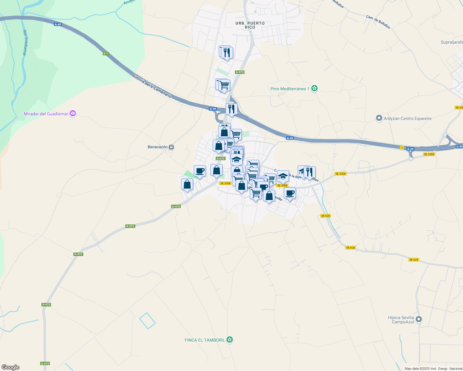 map of restaurants, bars, coffee shops, grocery stores, and more near 47 Calle Real in Benacazón